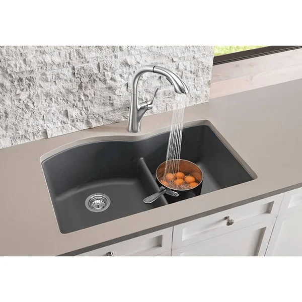 Blanco 441592 Diamond Silgranit Double Bowl Undermount Kitchen Sink with Low Divide, Metallic Gray