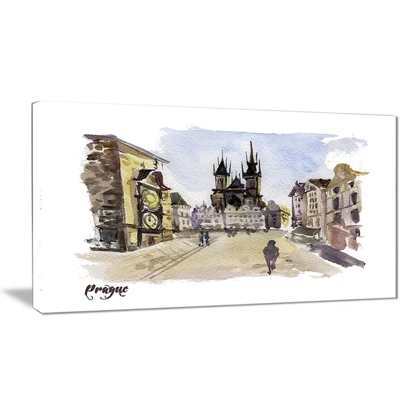 Design Art Prague Hand'drawn Illustration' Cityscape Painting Canvas Print - Green - 40 in. Wide x 20 in. High