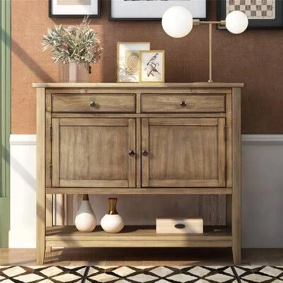 Modern Console Table Sofa Table for Living Room with 2 Drawers 2 Cabinets and 1 Shelf Charlton Home Color: Brown