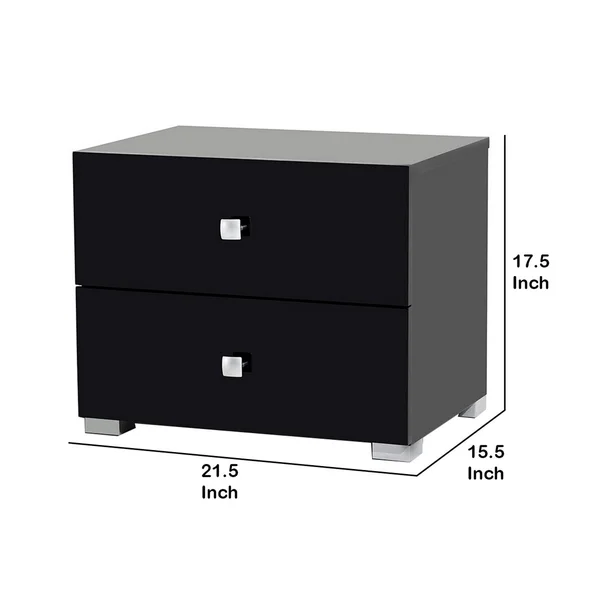 Benzara 2 Drawer Wooden Nightstand with Square Shaped Metal Pulls, Black and Silver - Bm219305