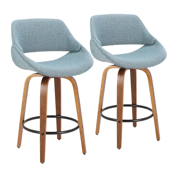 Set of 2 Mid Century Modern Blue Fabric Counter Stools with Walnut Legs 38x22