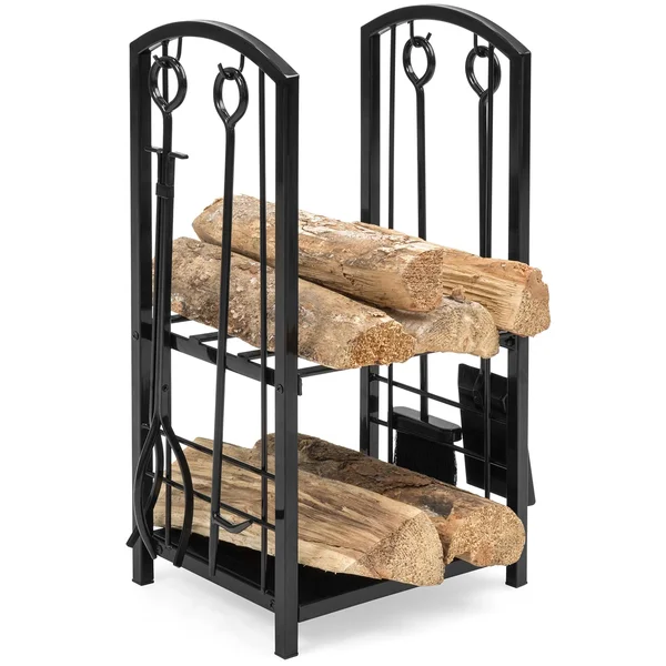 Best Choice Products Fireplace Firewood Log Rack 5-Piece Storage Logs Holder with Tools Set Indoor Outdoor Wrought Iron for Wood