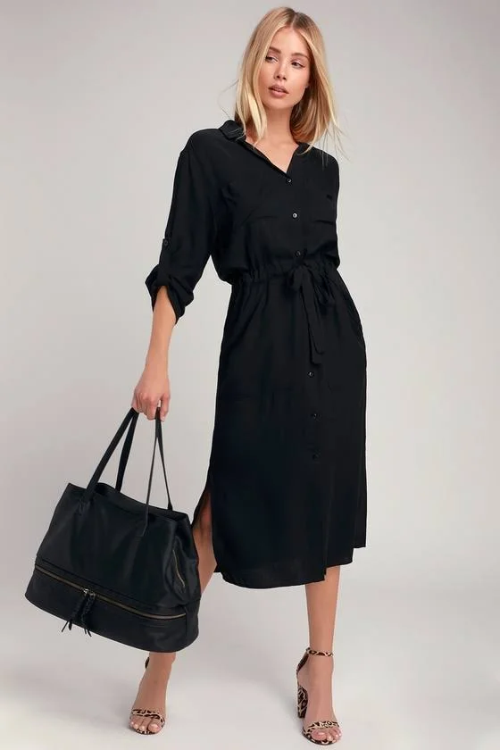Lulus, Brewer Black Midi Shirt Dress, Size Small, 100% Rayon