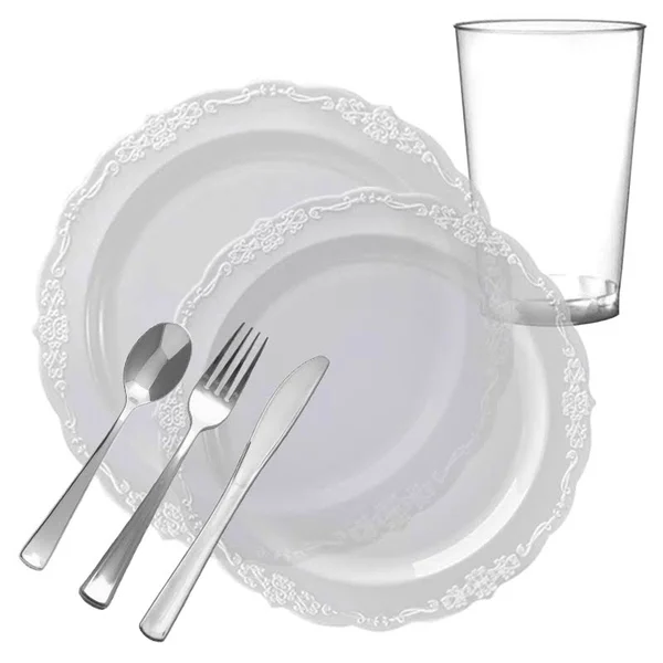 20 Settings - Clear Vintage Round Disposable Plastic Wedding Value Set