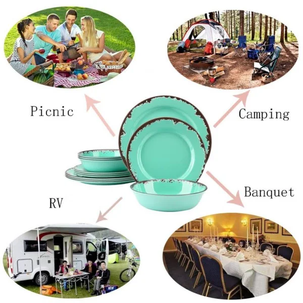 Rustic Melamine Dinnerware Set 12 Pcs Yinshine Outdoor Camper Dishes Service for 4 Green