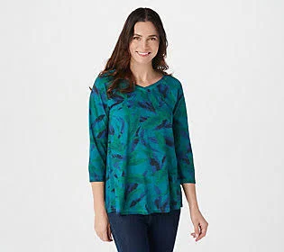 Logo by Lori Goldstein Distressed Cotton Slub Printed Top - Size Large, Emerald Green