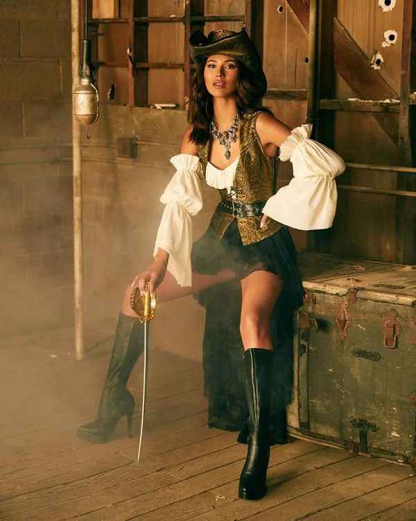 6pc Pirate Queen Costume Medium - Gold/Black/Beige