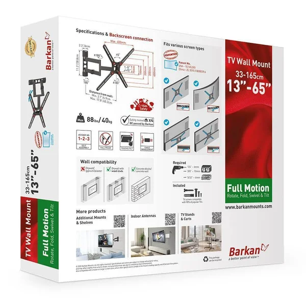 Barkan 13 - 65x22 Full Motion - 4 Movement Flat - Curved TV Wall Mount Black 80166139