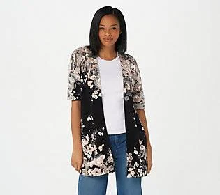 Isaac Mizrahi Live! Open Front Floral Printed Cardigan, Size Medium, Neutral