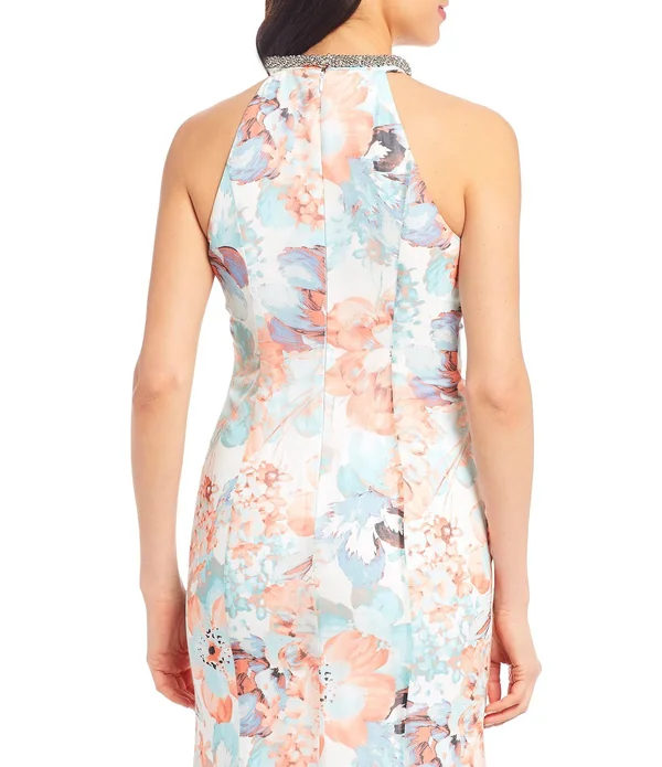 Calvin Klein Beaded Halter Neck Sleeveless Floral Print Chiffon Gown - 12