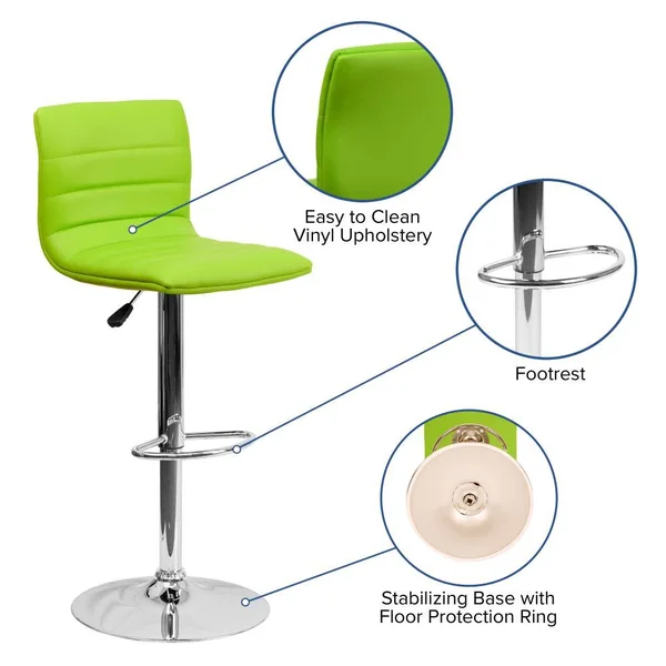Flash Furniture 2 Pk. Contemporary Green Vinyl Adjustable Height Barstool with Chrome Base