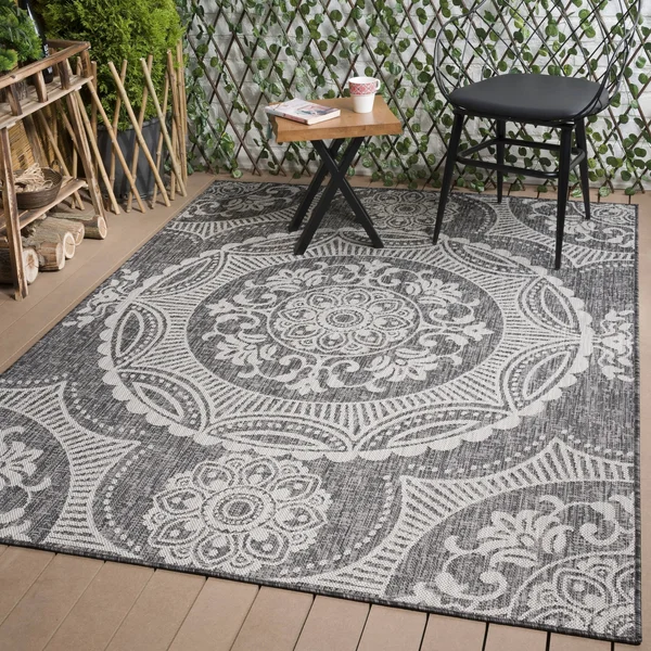 Beverly Rug Waikiki Collection Indoor/Outdoor Medallion Area Rug- Dark Grey - Light Grey - WKK20609 - 7&10x22 x10&0x22