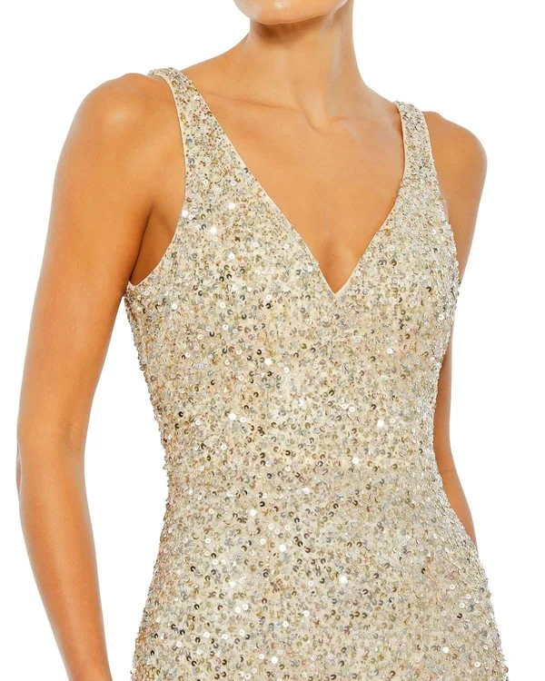 Mac Duggal Sequined High Slit Evening Gown Shimmering Gold - 8