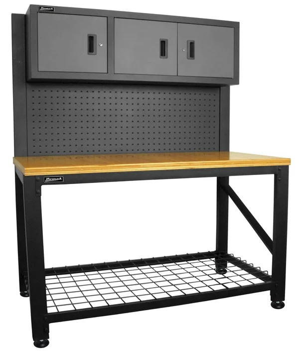 Homak 59in Wood-Top Workbench 3-Door Steel Cabinet