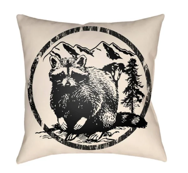 Lodge Cabin Raccoon Ridge Forest Green and Beige 16 x 16 in. Pillow with Poly