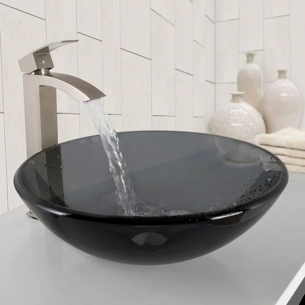 Vigo VGT1035 Sheer Black Glass Vessel Bathroom Sink and Duris Bathroom Vessel Faucet in Brushed Nickel