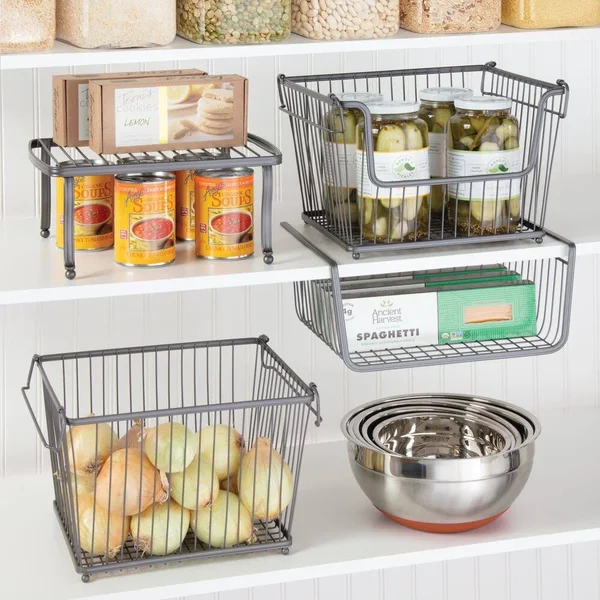 mDesign Modern Stackable Metal Storage Organizer Bin Basket with Handles - Open Front for Kitchen Cabinets, Pantry, Closets, Bed