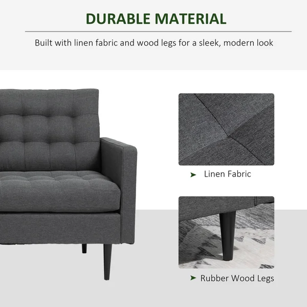 HOMCOM Linen Fabric Convertible Sofa Bed with Button Tufted Back Design - Adjustable Angles and Wood Legs, Grey