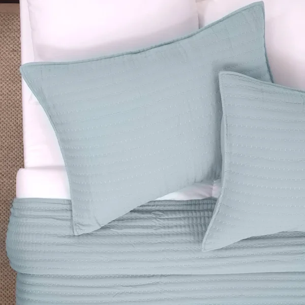 Sweet Home Collection Kate Stripe Pick-Stitch Vintage Washed Quilt and Pillow Sham Set - Turquoise - Queen