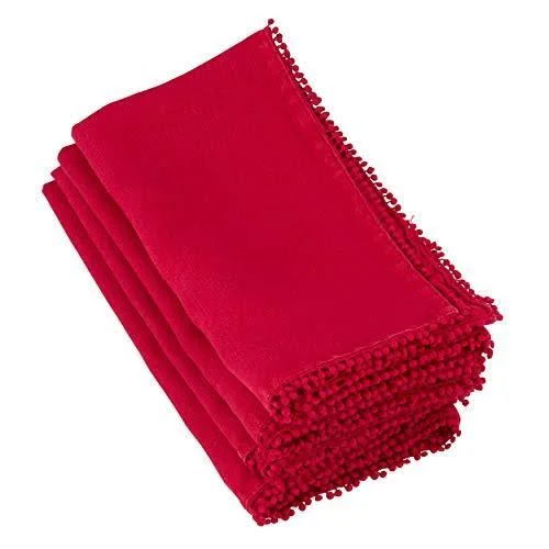 Fennco Styles Pomponin Collection Pompom Design Cloth Napkins 100% Linen (20x22x20x22 Napkin, Red)