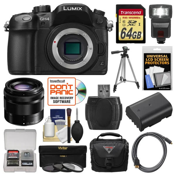 Panasonic Lumix Dmc-gh4 4K Micro Four Thirds Digital Camera Body with 35-100mm Lens + 64GB Card + Case + Flash + Battery + Tripo