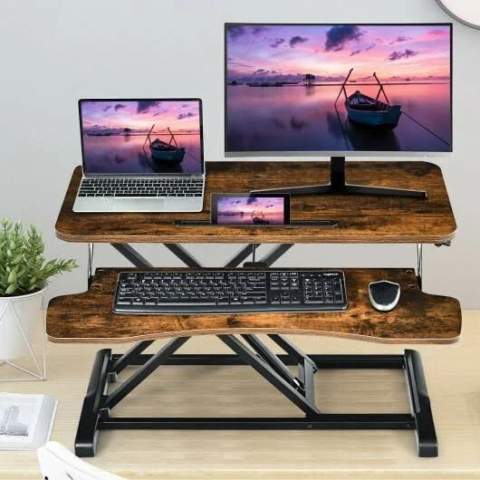 Costway Converter Adjustable Riser Stand Desk with Keyboard Tray-Brown