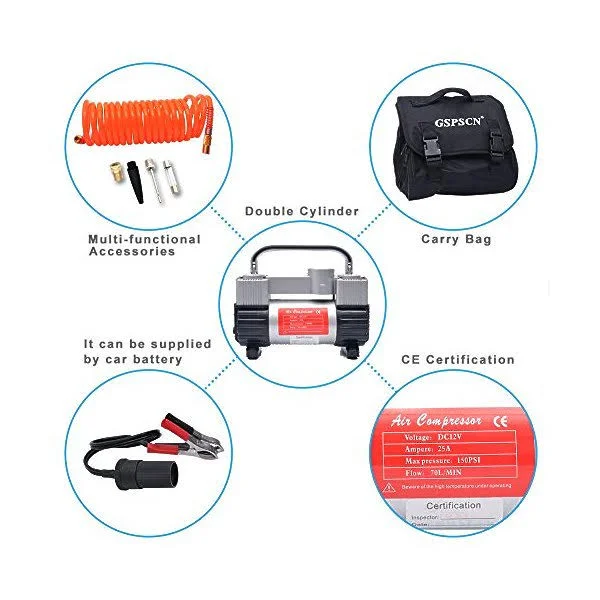 GSPSCN Silver Tire Inflator Heavy Duty Double Cylinders with Portable Bag, Metal 12V Air Compressor Pump 150PSI with Adapter for