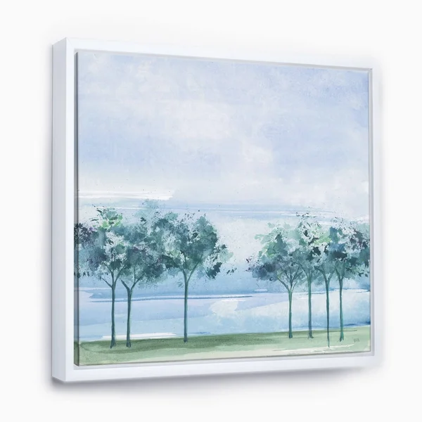 Designart 'Across The Lake VI' Lake House Framed Canvas - Blue - 30 in. Wide x 30 in. High - Gold