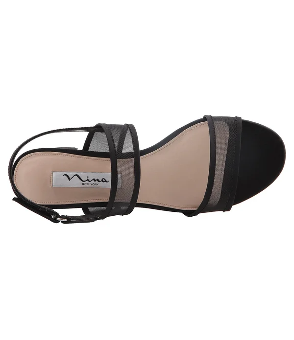 Nina Ganice Mesh Satin Block Heel Dress Sandals, Womens, 6.5M, Black