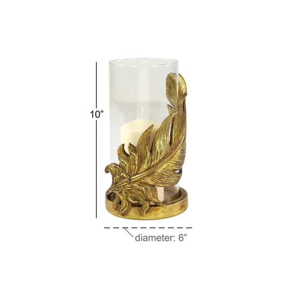 Large Metallic Gold Feather Candle Holder with Hurricane Glass