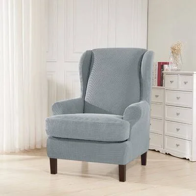 Textured Grid Stretch Removable T-Cushion Wingback Slipcover Winston Porter Fabric: Light Gray Polyester Blend