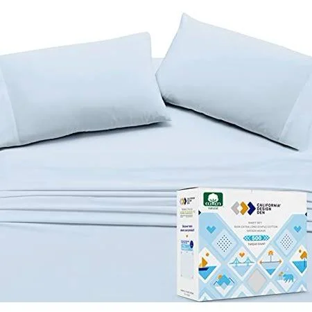 Split King Sheets for Adjustable Bed - Light Blue Color - 500 Thread Count 100% Real Cotton, Silky Sateen Weave 5 Piece Bed Sheet