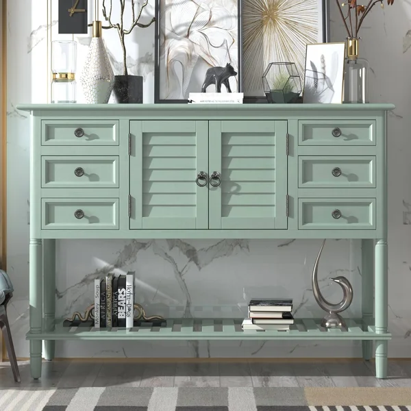 45&& Console Table Sofa Table with 6 Draweru0026 1 Cabinetu0026 1 Shelf, Green - Light Green - Wood