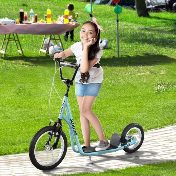 Aosom Teens Youth Scooter Ride on Toy with Adjustable Handlebar, Dual Brakes, and Inflatable Wheels for Kids 5+ - Blue