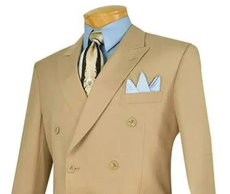 Vinci Men's Ramses Collection - Double Breasted Suit 2 Piece Regular Fit in Beige 56 Long - 52 Waist, Beige