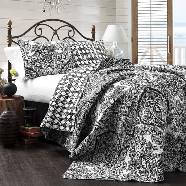 Lush Decor Aubree 3 Piece Quilt Set - King, Black/White