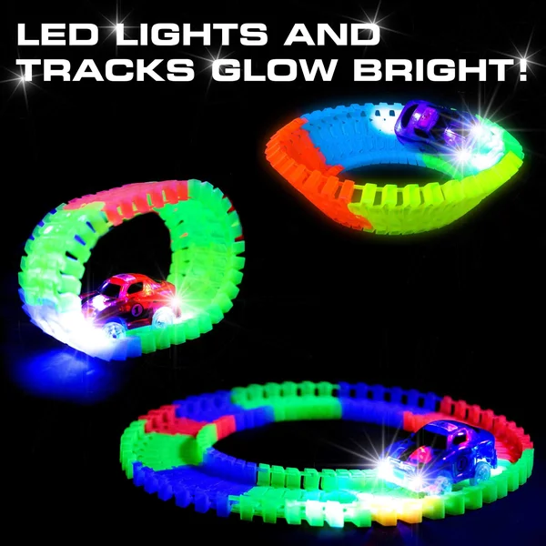 Glow Race Tracks for Boys 360pk Flexible Glow in The Dark Magic Snap Race Tracks for Kids w/ Light Up Car Toys, Car Racing Track
