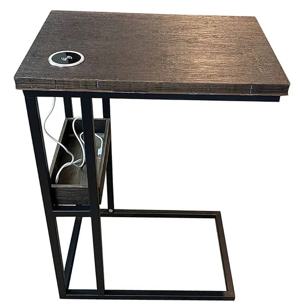 Solid Bamboo Steel Frame C-Table with Tray & Wireless USB Charger (Brushed Brown)