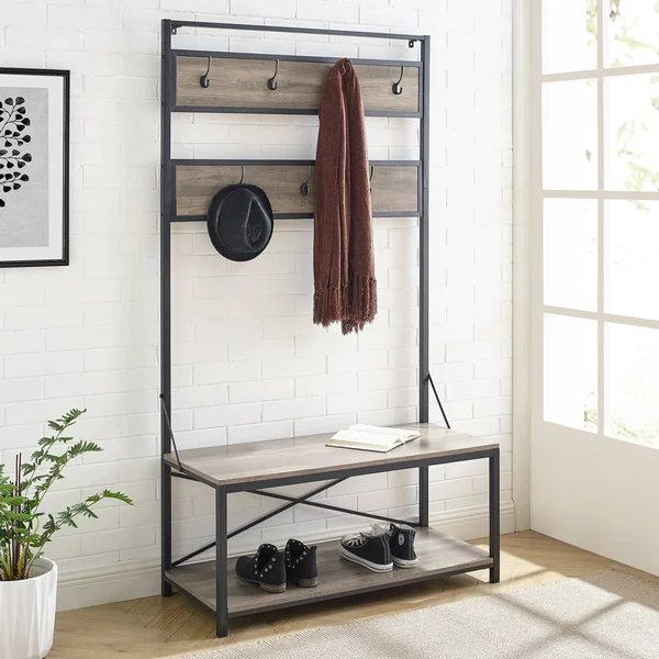 72x22 Industrial Metal and Wood Hall Tree Gray Wash - Saracina Home