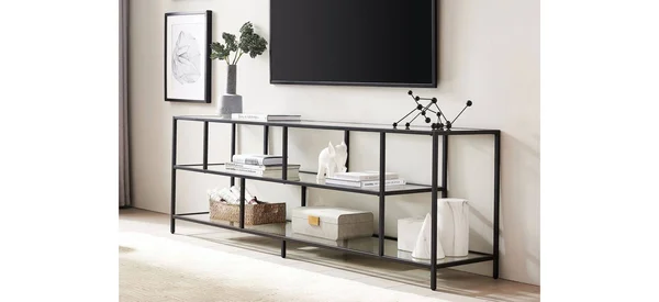 Hennu0026Hart 70x22 Blackened Glass Shelves TV Stand, Black Bronze