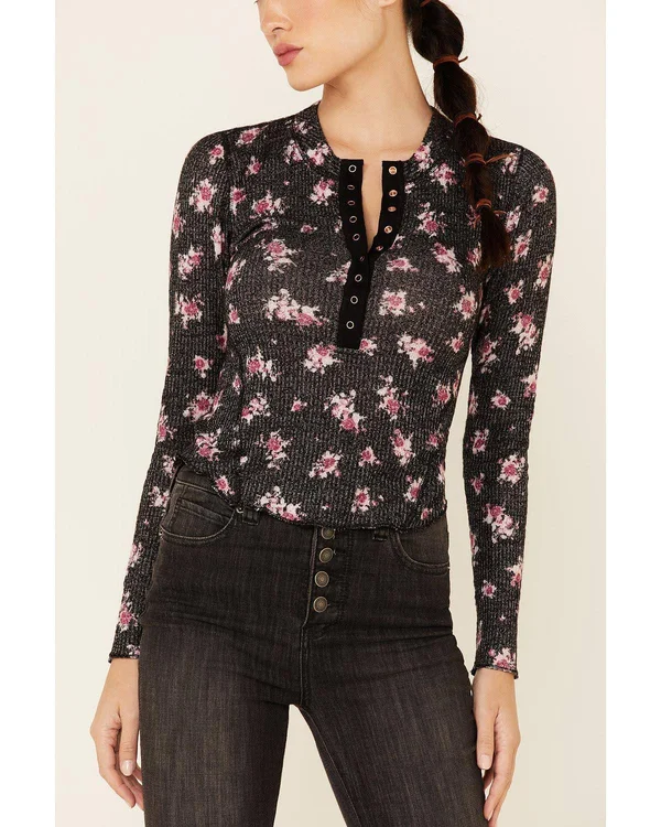 Free People One of The Girls Henley - Black X-Large, Women's