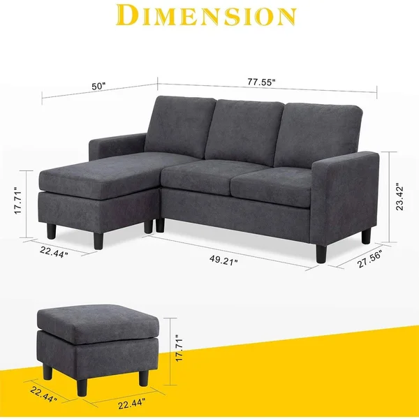 Futzca Convertible Sectional Sofa Couch with Reversible Chaise - Modern Linen Fabric L-Shaped Couch for Small Space - Ash