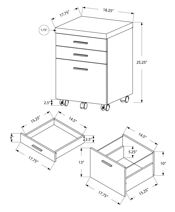 17.75x22 x 18.25x22 x 25.25x22 Dark Taupe Black Particle Board 3 Drawers Filing Cabinet