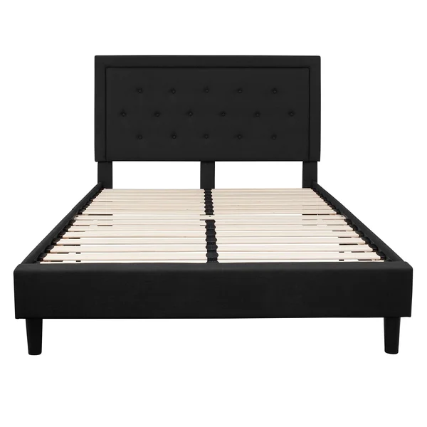 BSD National Supplies, Logan Queen Size Black Fabric Platform Bed with Button Tufted Headboard