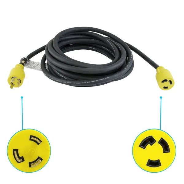 Houseables Extension Cord Electric Wire 3 Prong 30 Amp 250 Volt Single Black 25 ft All Rubber 10 Gauge Heavy Duty L6-30 Commerci