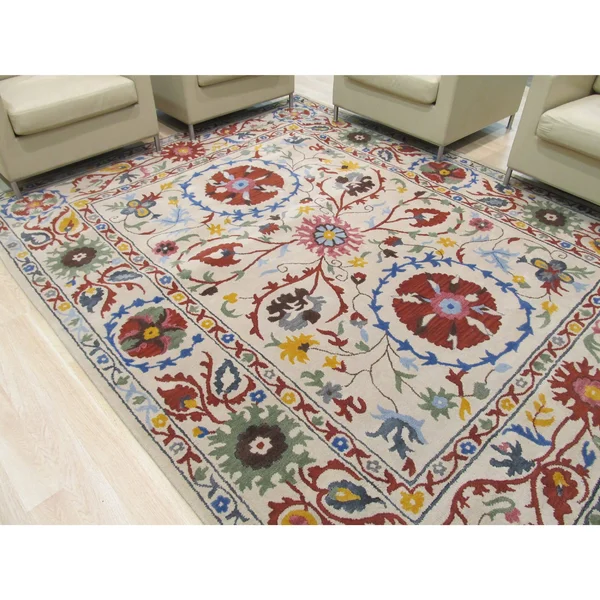 EORC Hand-Tufted Wool Ivory Transitional Floral Suzani Rug (7&9 Round)