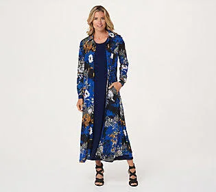 Women with Control Attitudes by Renee Petite Duster & Maxidress Set - Size Petite Large, Botanical/Navy