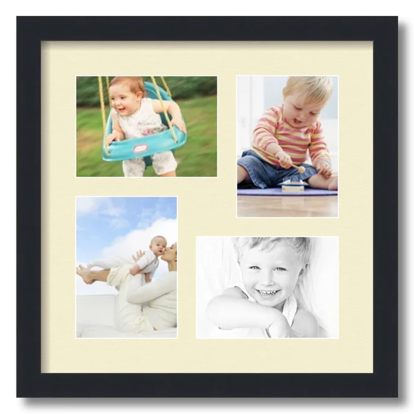 Collage Picture Frame - Satin Black Frame with 4 openings for 5x7 Photos with Ivory Oyster Mat. D3926GC179, ArtToFrames