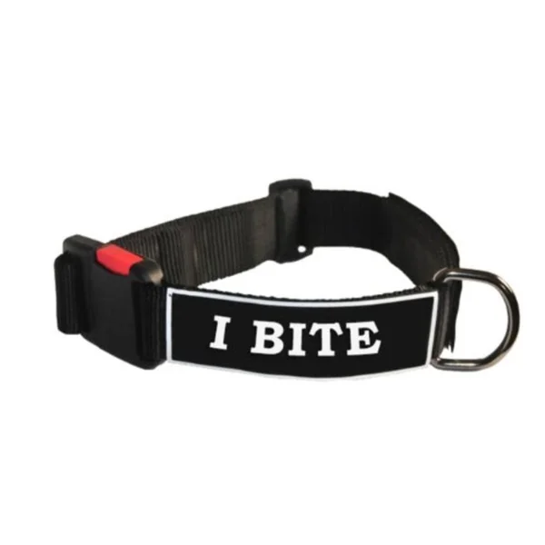 Dean and Tyler Patch Collar, Nylon Dog Collar with I Bite Patches - Black - Size: Large - Fits Neck 26-inch to 37-Inch
