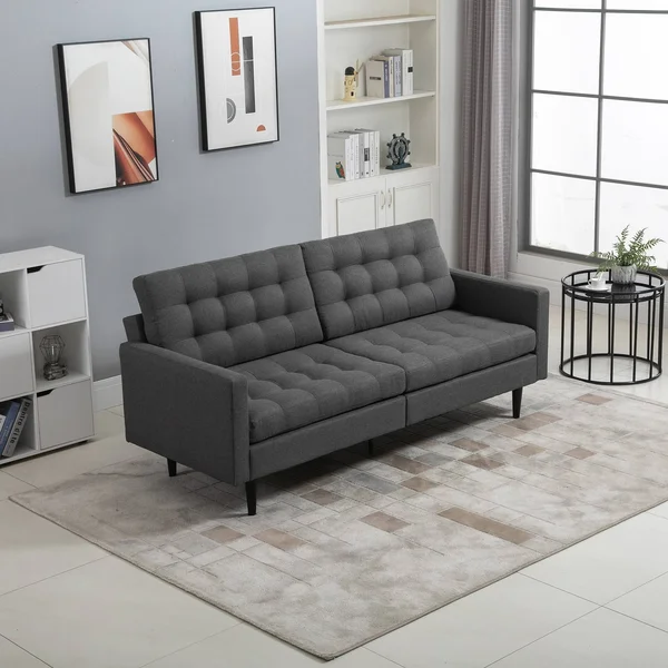 HOMCOM Linen Fabric Convertible Sofa Bed with Button Tufted Back Design - Adjustable Angles and Wood Legs, Grey